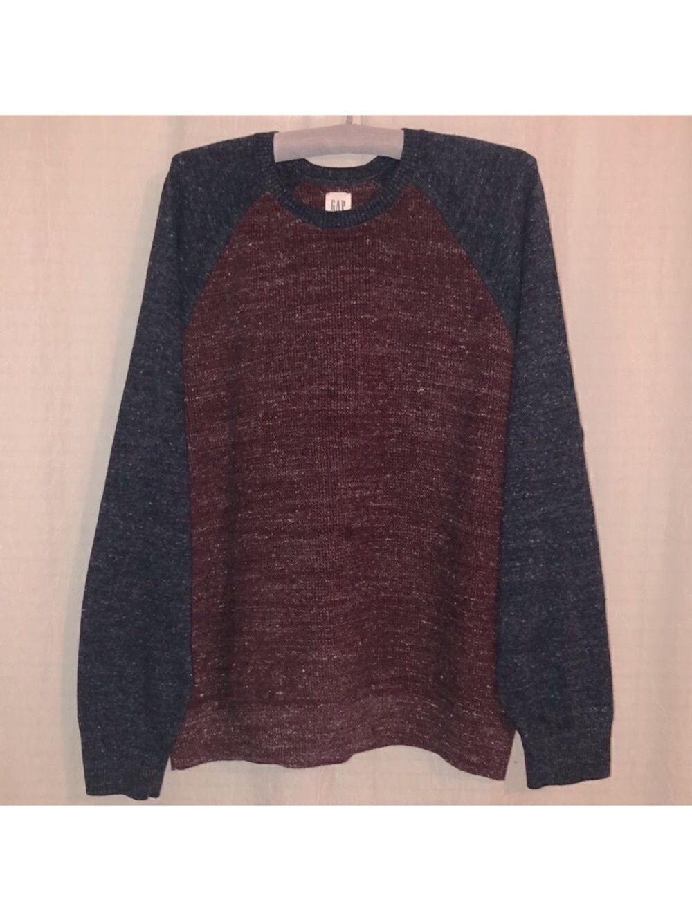 GAP XL Waffle Knit Color Block Burgundy Navy Heathered Crewneck Thermal